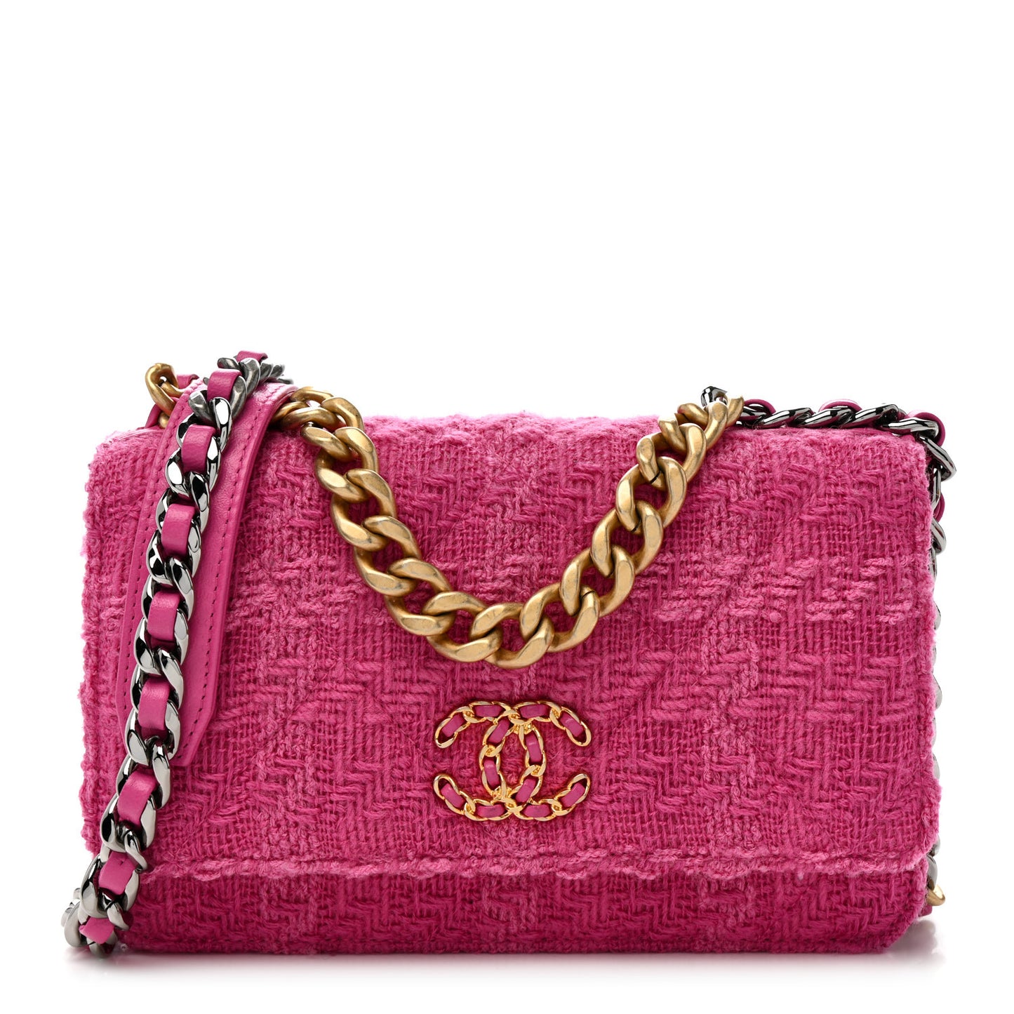 Wool Tweed Lambskin Quilted Chanel 19 Wallet On Chain WOC and Coin Purse  Fuchsia