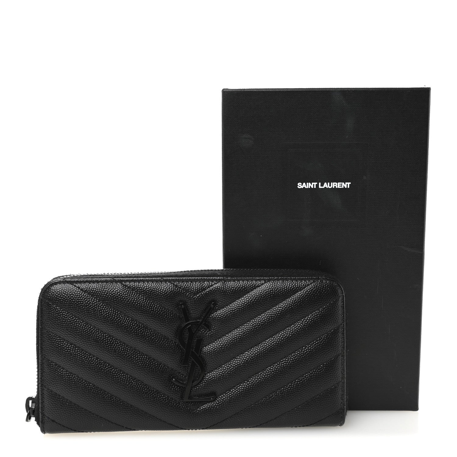 Saint Laurent Grain De Poudre Matelasse Chevron Monogram Monochrome Zip Around Wallet Black 6 of 9