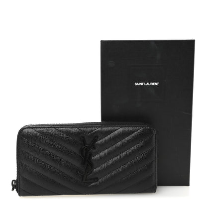 Saint Laurent Grain De Poudre Matelasse Chevron Monogram Monochrome Zip Around Wallet Black 6 of 9