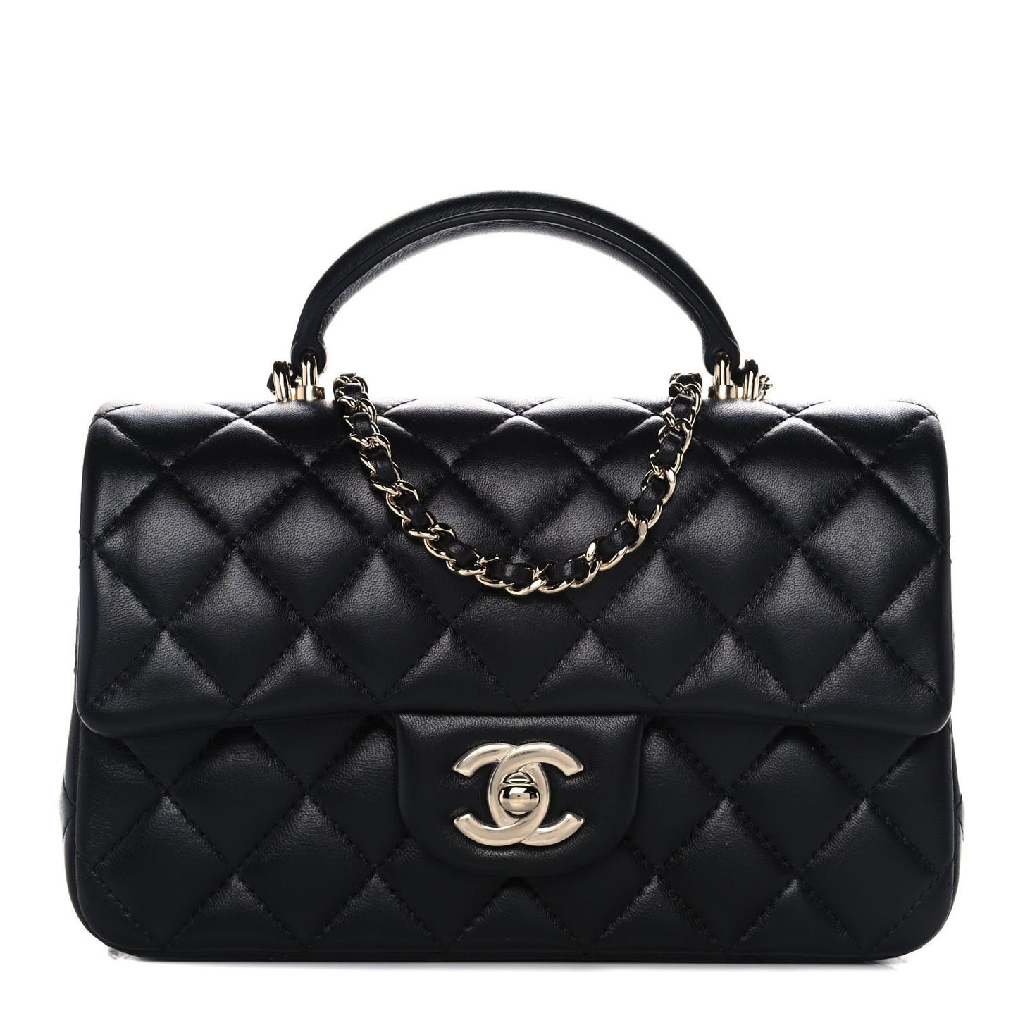 Lambskin Quilted Mini Top Handle Rectangular Flap Black