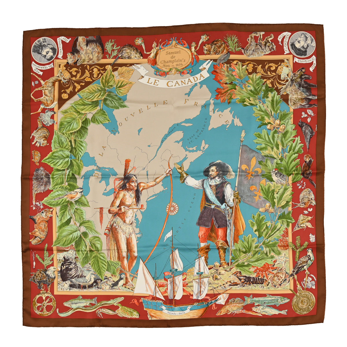 Hermes Silk Le Canada Scarf 90 Tabac Brique Bleu 1 of 3