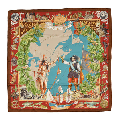 Hermes Silk Le Canada Scarf 90 Tabac Brique Bleu 1 of 3
