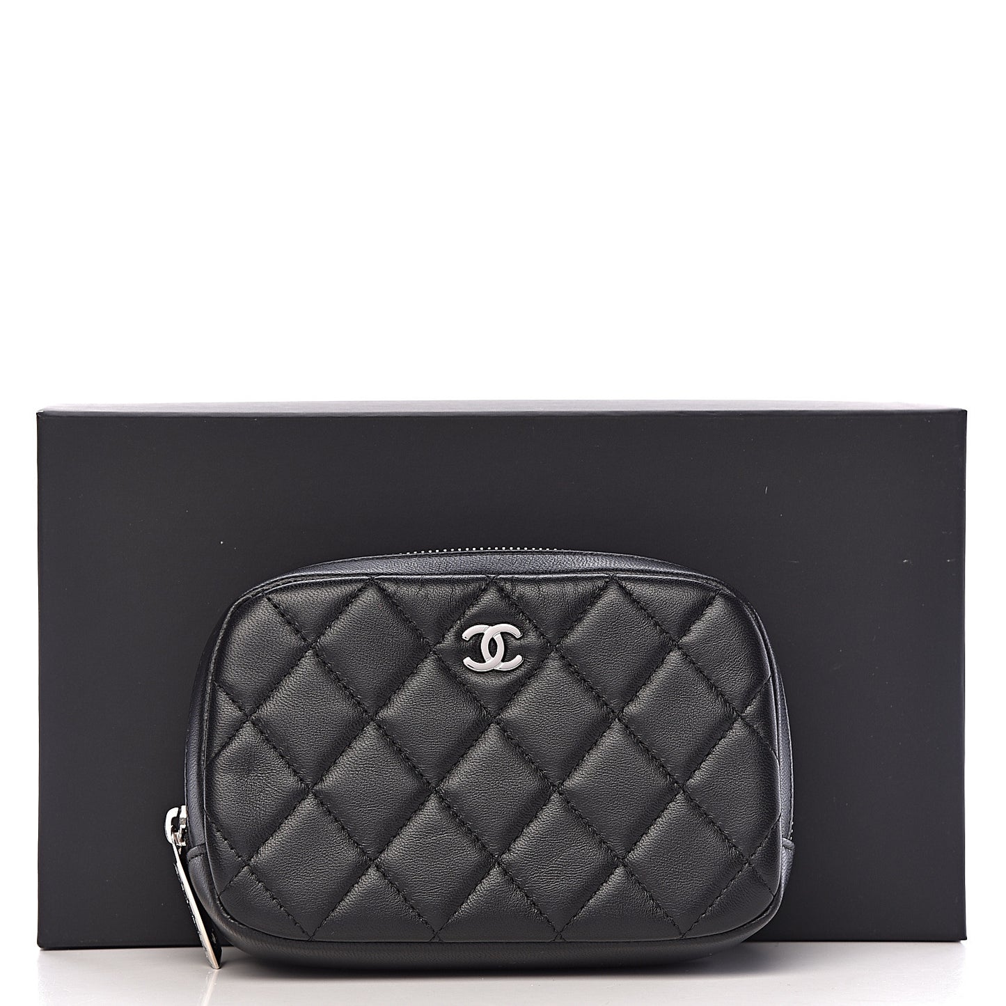 Lambskin Quilted Small Curvy Pouch Cosmetic Case Black
