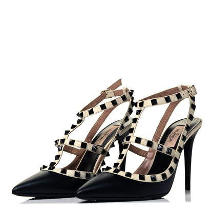 Valentino Garavani Calfskin Rockstud Ankle Strap 100mm Pumps 37.5 Black Light Ivory 2 of 7