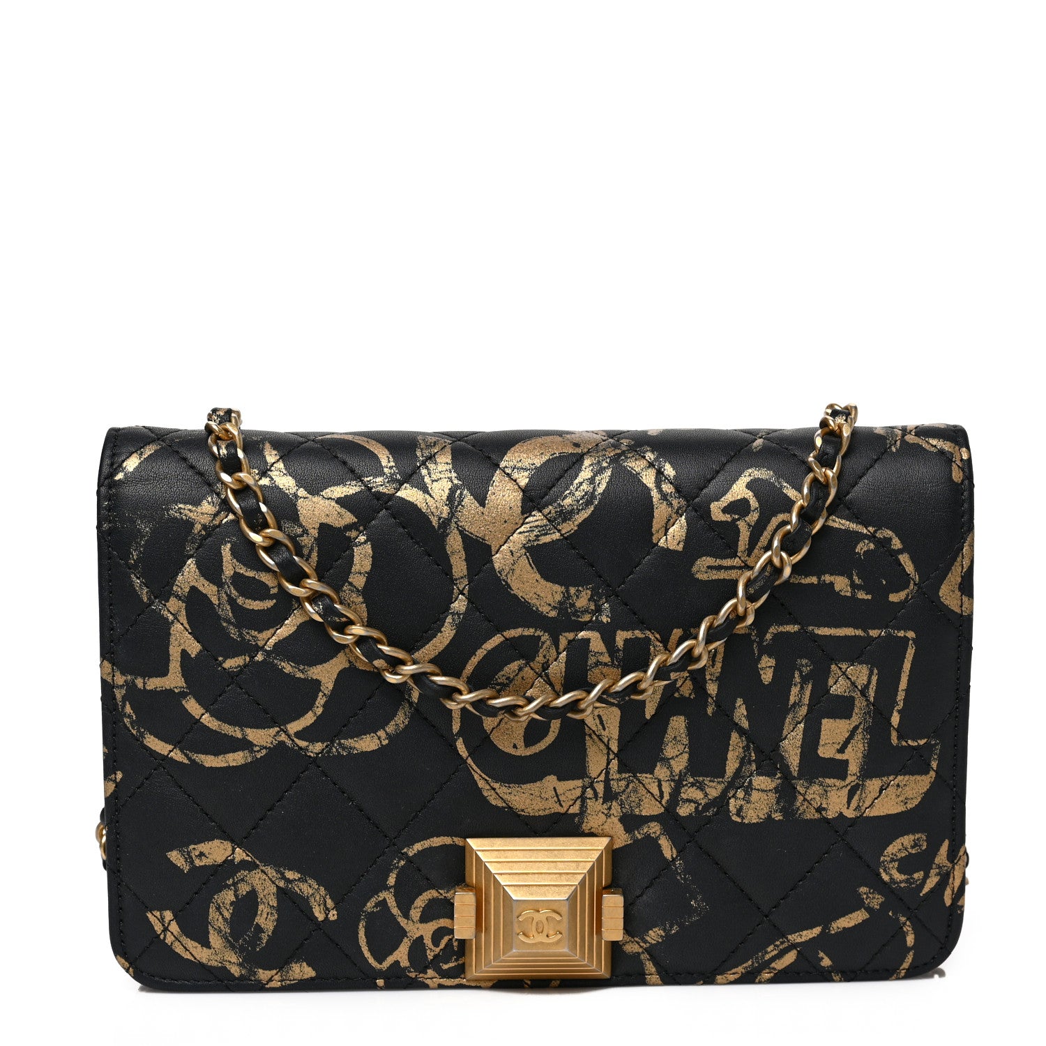 Chanel Calfskin Quilted Graffiti Pyramid Wallet On Chain WOC Black 1 of 8