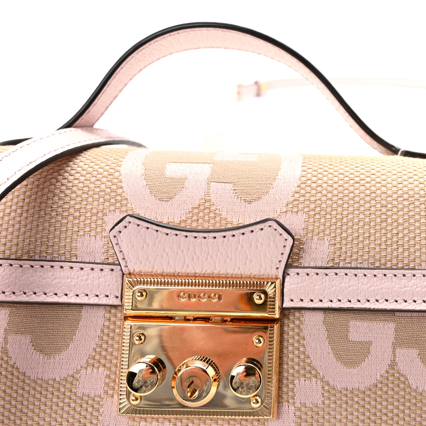Monogram Jumbo GG Textured Dollar Calfskin Mini Padlock Top Handle Shoulder Bag Beige Perfect Pink