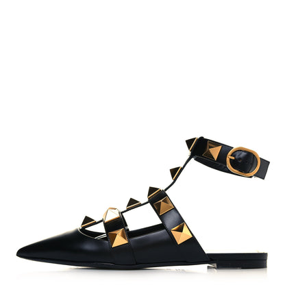 Valentino Garavani Calfskin Roman Stud Ankle Strap Flat Mules 39.5 Black 1 of 8