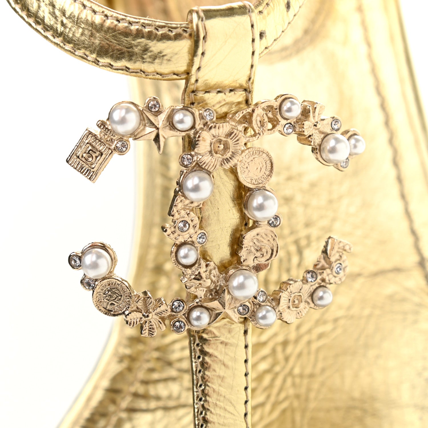 Chanel Aged Metallic Calfskin Pearl CC Charm Thong Sandals 40 Gold 8 of 10