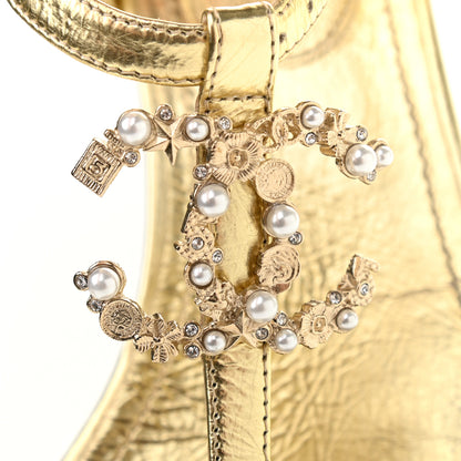 Chanel Aged Metallic Calfskin Pearl CC Charm Thong Sandals 40 Gold 8 of 10