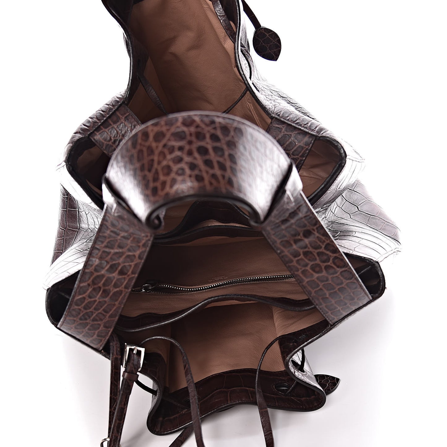Calfskin Crocodile Embossed Bucket Bag Brown