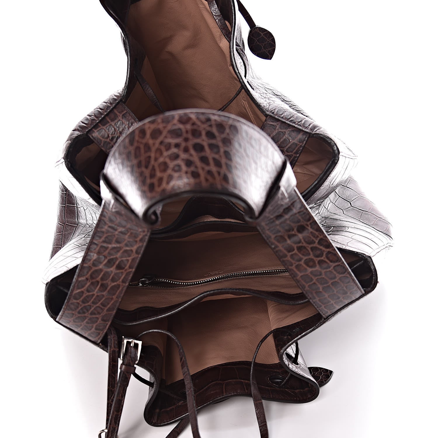 Alaia Calfskin Crocodile Embossed Bucket Bag Brown 5 of 12