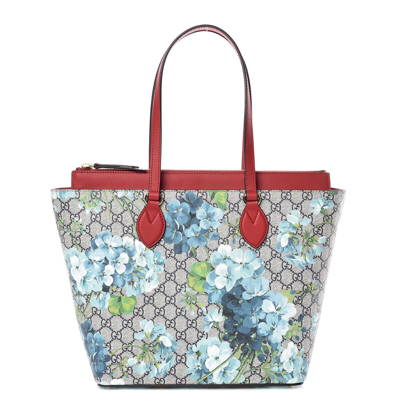 GG Supreme Monogram Blooms Medium Zippered Bucket Tote Beige Blue Navy Hibiscus Red