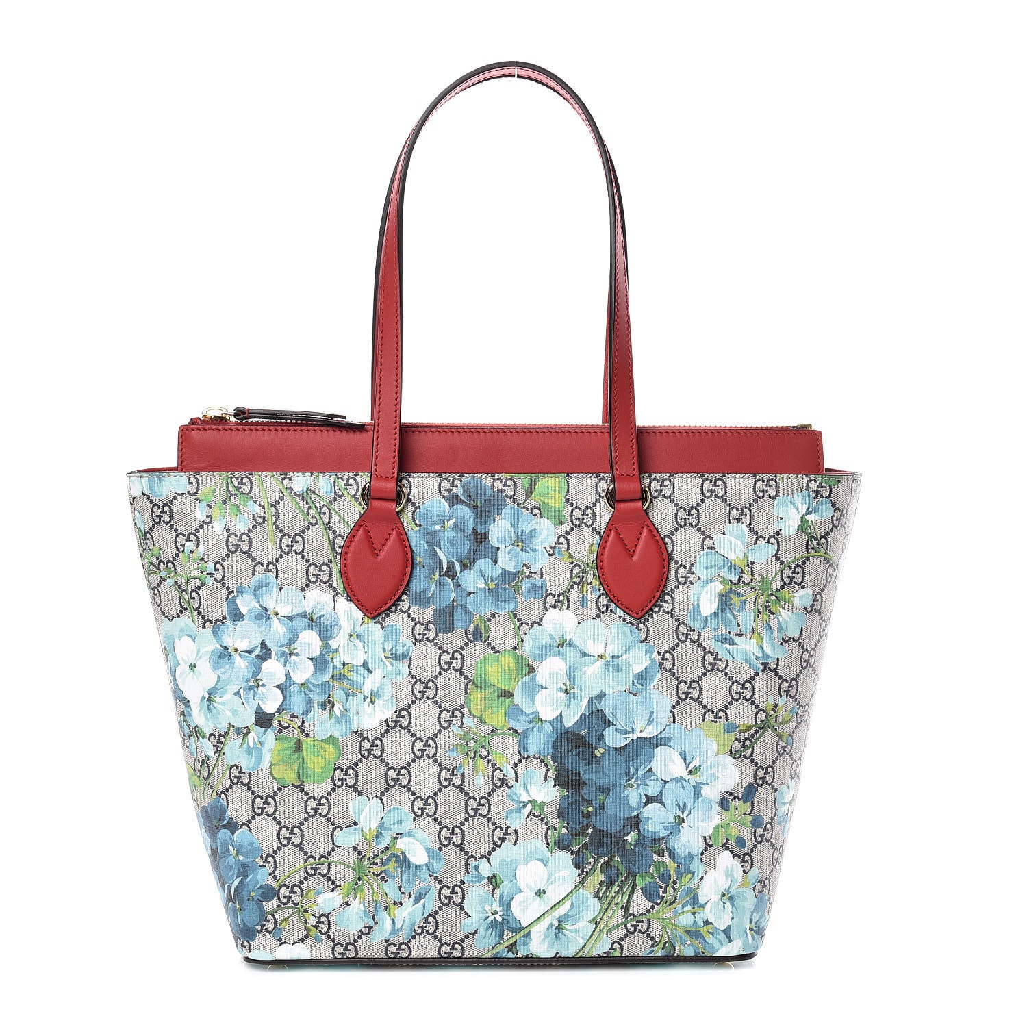 Gucci GG Supreme Monogram Blooms Medium Zippered Bucket Tote Beige Blue Navy Hibiscus Red 1 of 9