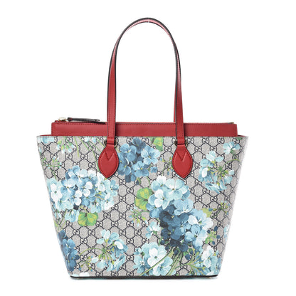 Gucci GG Supreme Monogram Blooms Medium Zippered Bucket Tote Beige Blue Navy Hibiscus Red 1 of 9