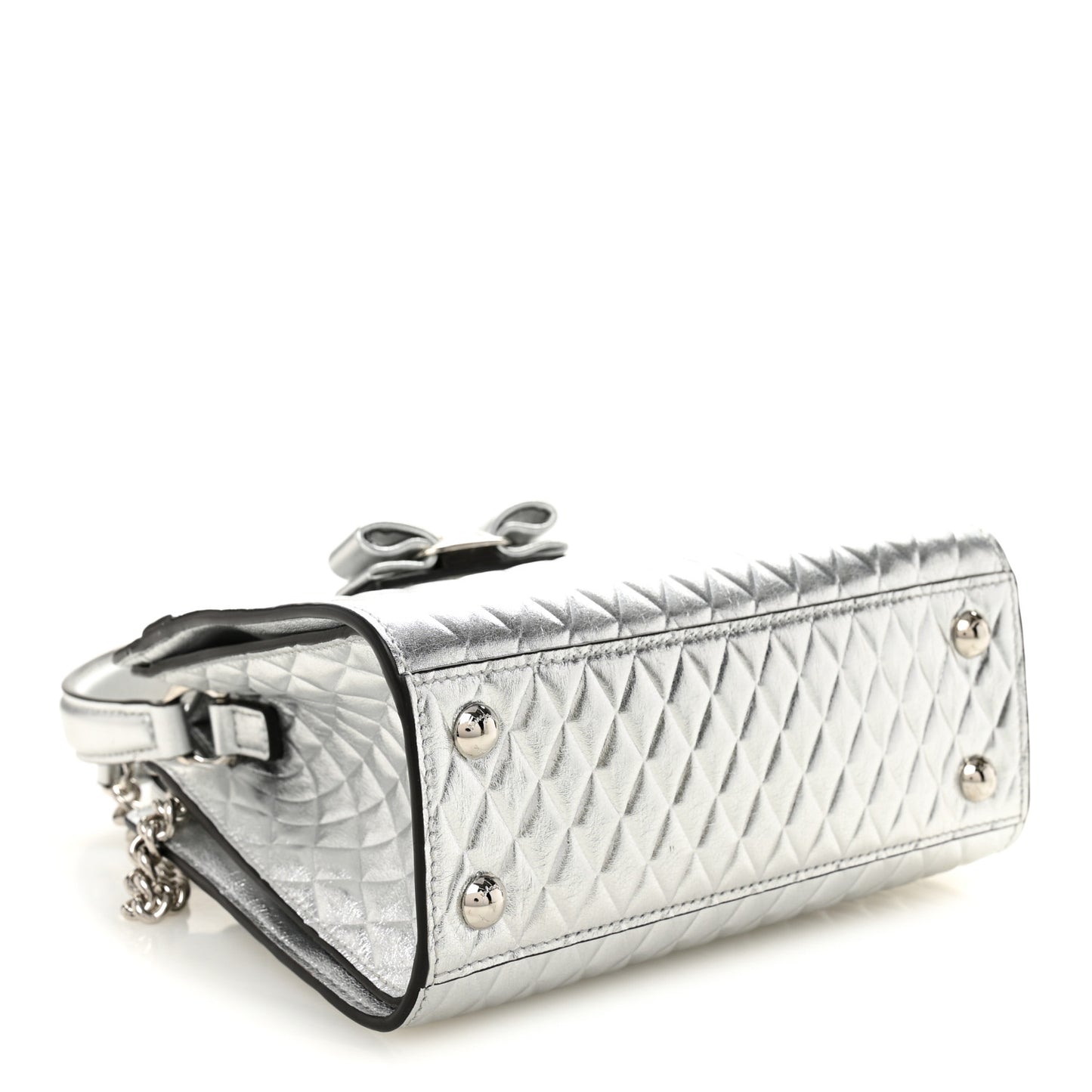 Metallic Calfskin Quilted Vara Bow Shoulder Bag Silver
