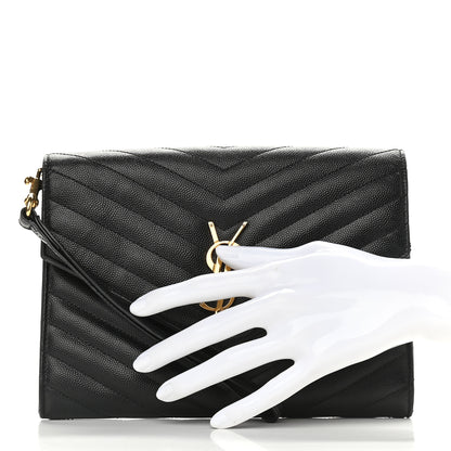 Saint Laurent Grain De Poudre Matelasse Chevron Monogram Envelope Clutch Black 2 of 10