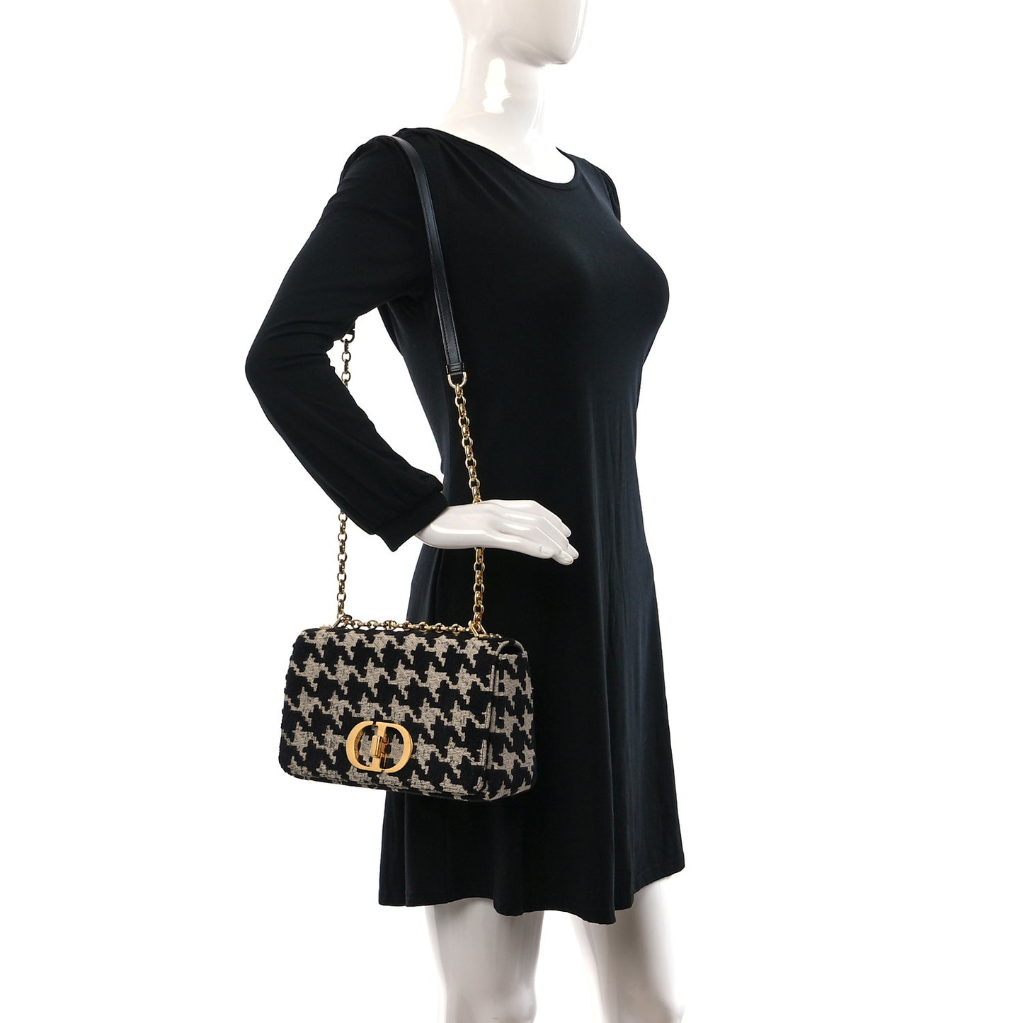 Technical Canvas Macro Houndstooth Medium Caro Bag Black White
