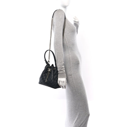 Chanel Caviar Flat Quilted CC Chain Bucket Drawstring Bag Black 2 of 10