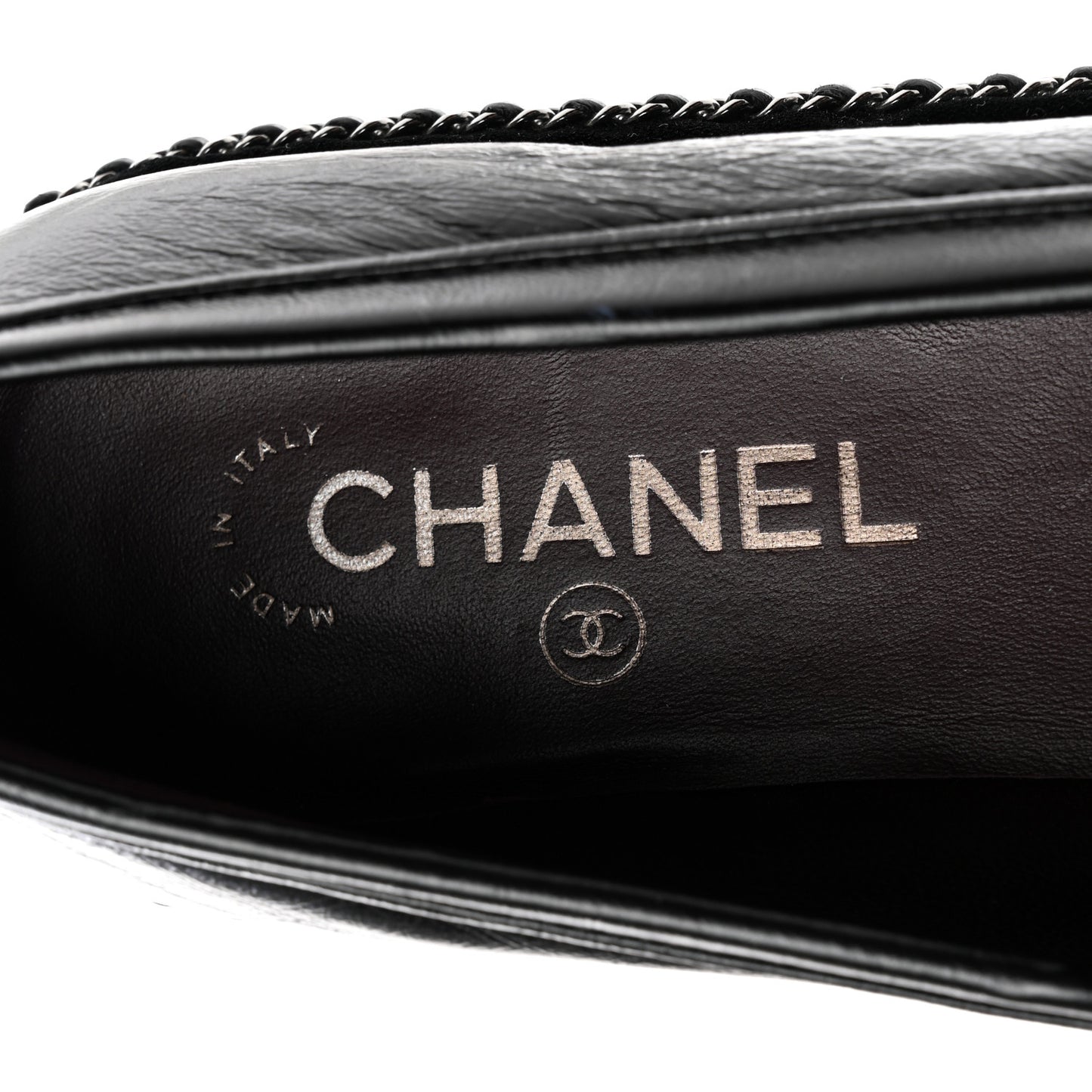 Crinkled Calfskin Velvet CC Chain Mocassin Loafers 39.5 Black
