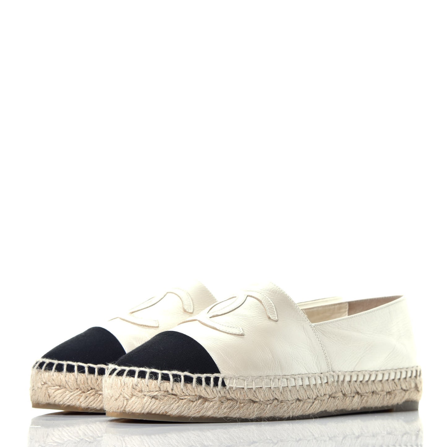 Metallic Calfskin Grosgrain CC Espadrilles 37 Ivory Black