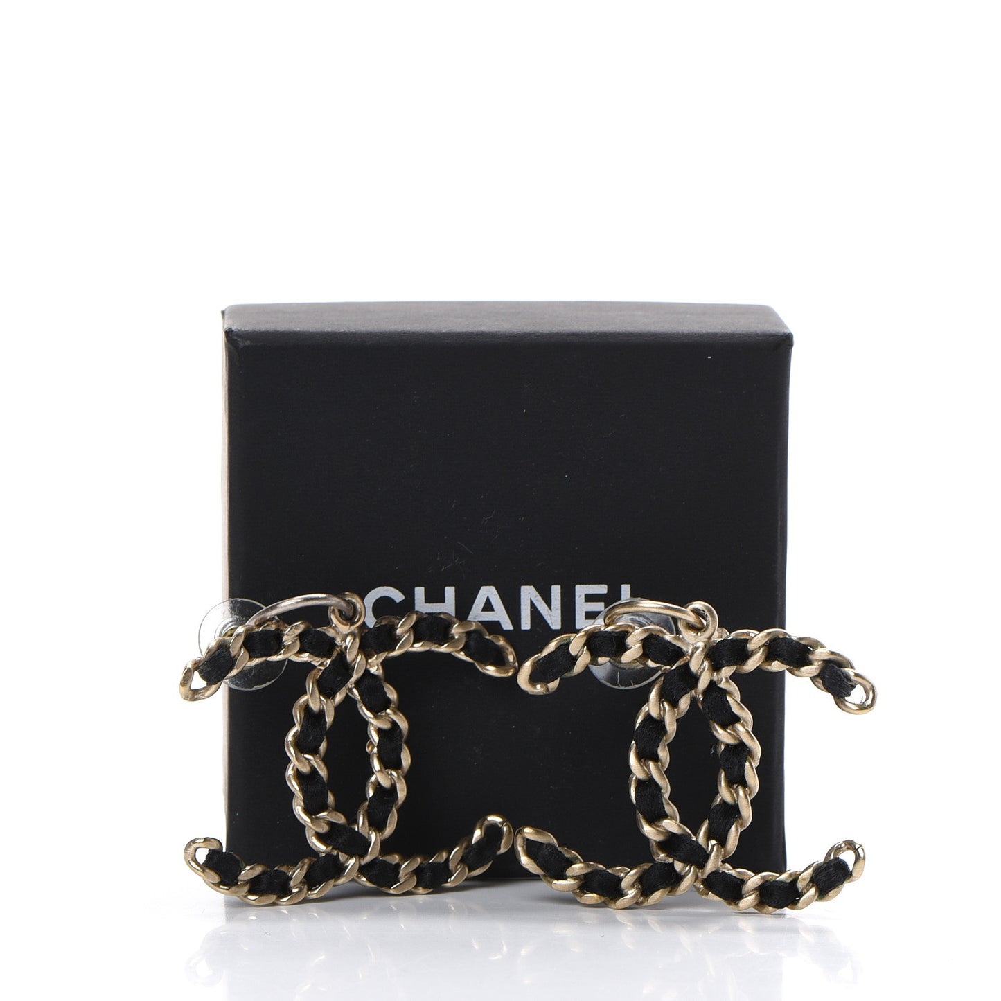 Satin CC Chain Earrings Light Gold Black