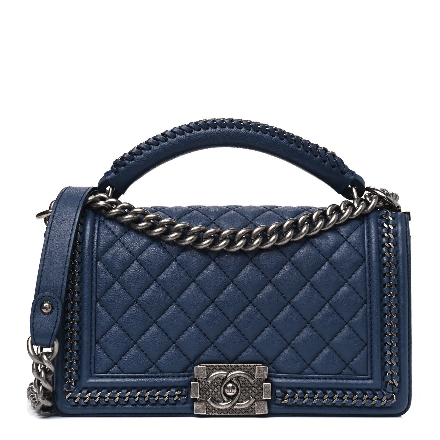 Calfskin Quilted Medium Top Handle Boy Flap Blue