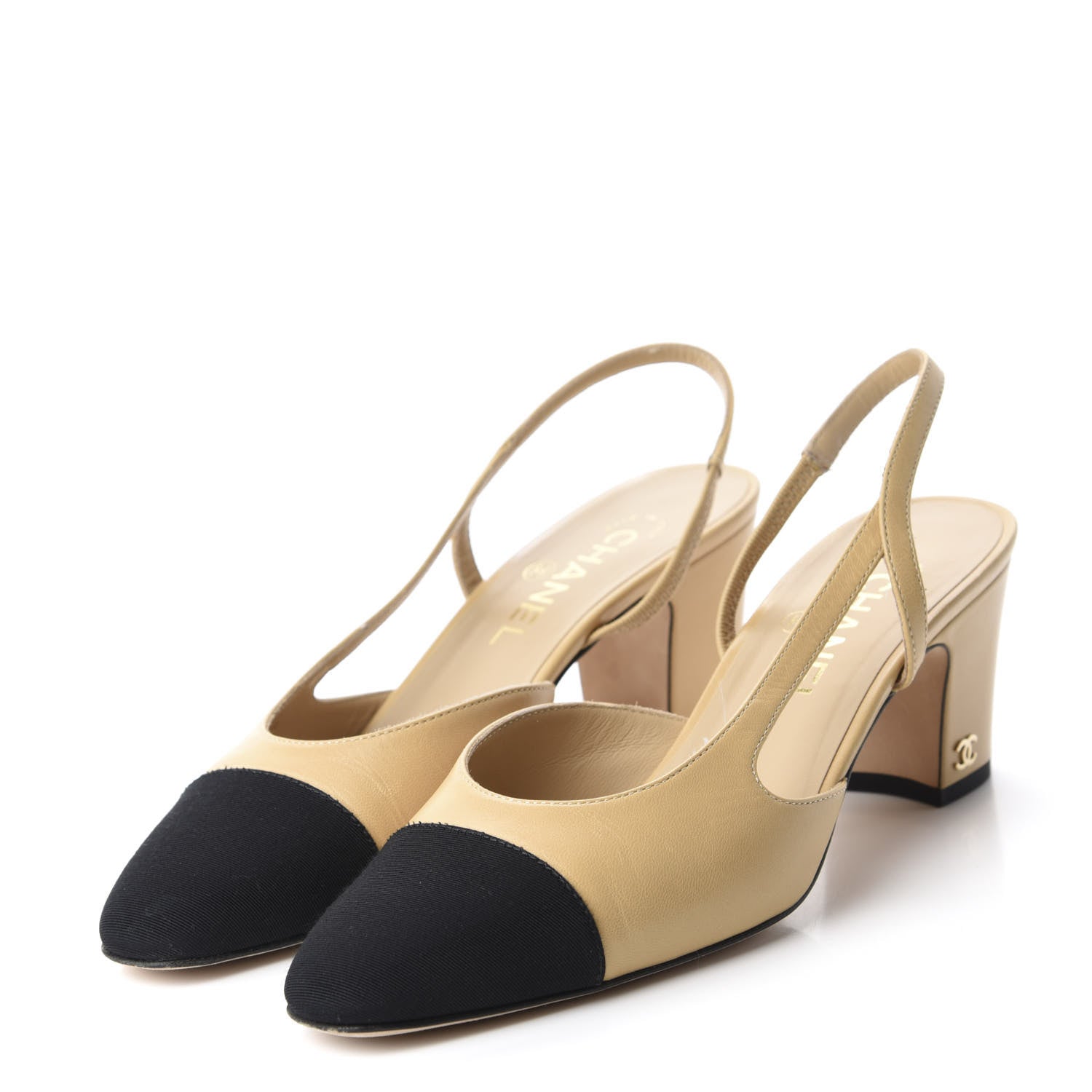Chanel Goatskin Grosgrain Cap Toe CC Slingback Sandals 38.5 Beige Black 3 of 15