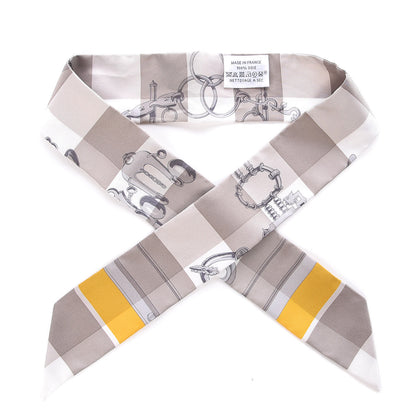 Hermes Silk Mors Et Gourmettes Vichy Twilly Etoupe Jaune Vif White 1 of 5