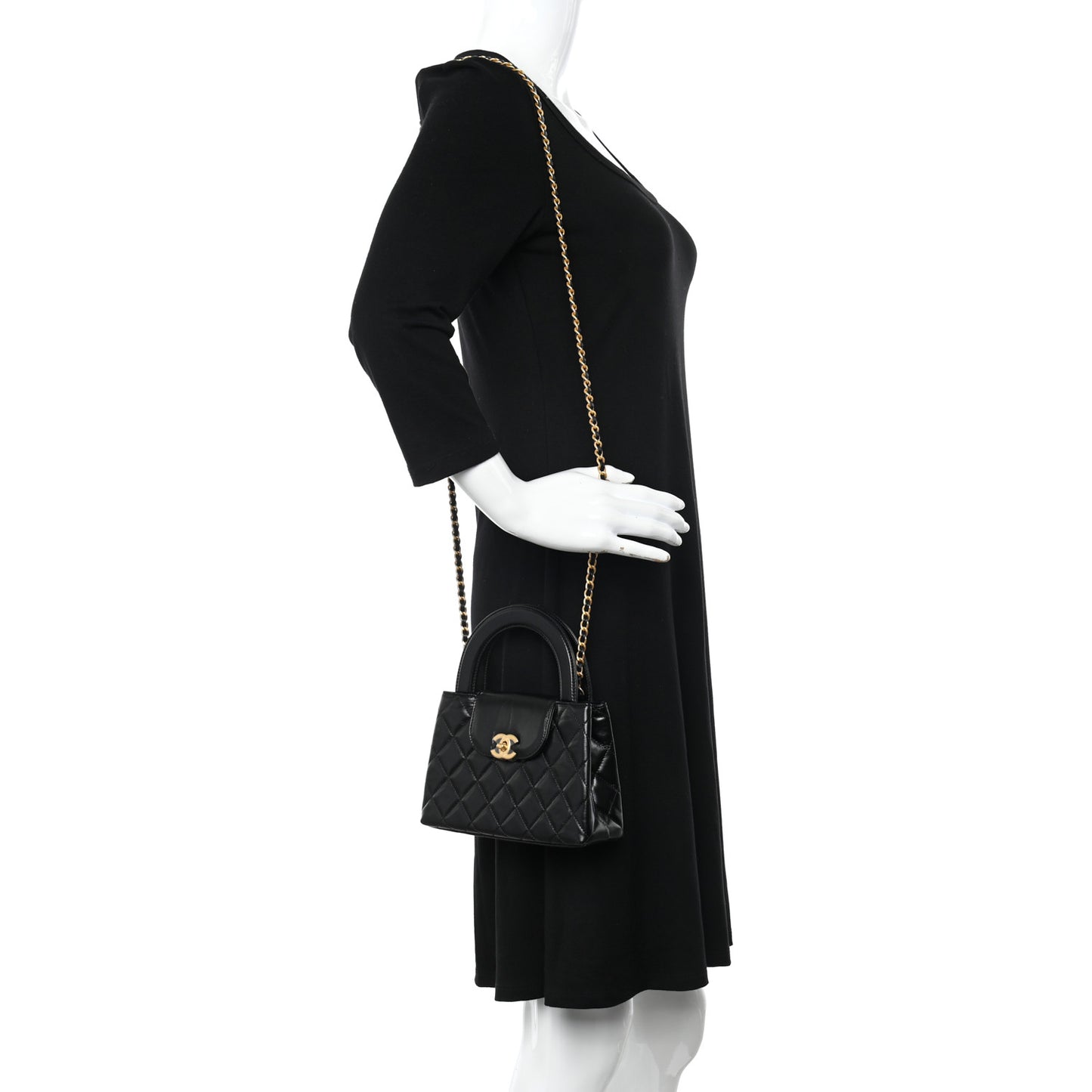 Shiny Aged Calfskin Quilted Nano Kelly Shopper Black