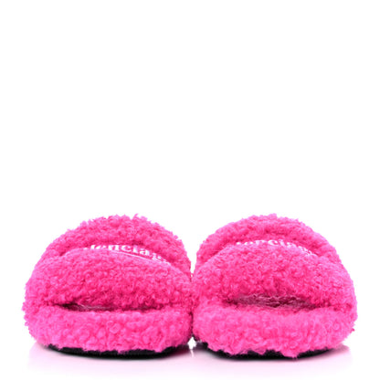 Balenciaga Faux Shearling Political Campaign Logo Slide Sandals 36 Pink White Blue 2 of 8