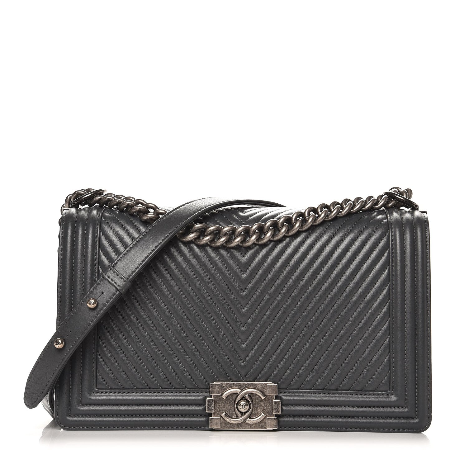 Calfskin Chevron New Medium Boy Flap Dark Grey