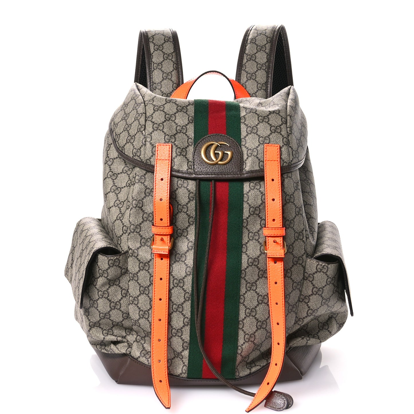 GG Supreme Monogram Medium Ophidia Double Buckle Backpack Beige Ebony Neon Orange