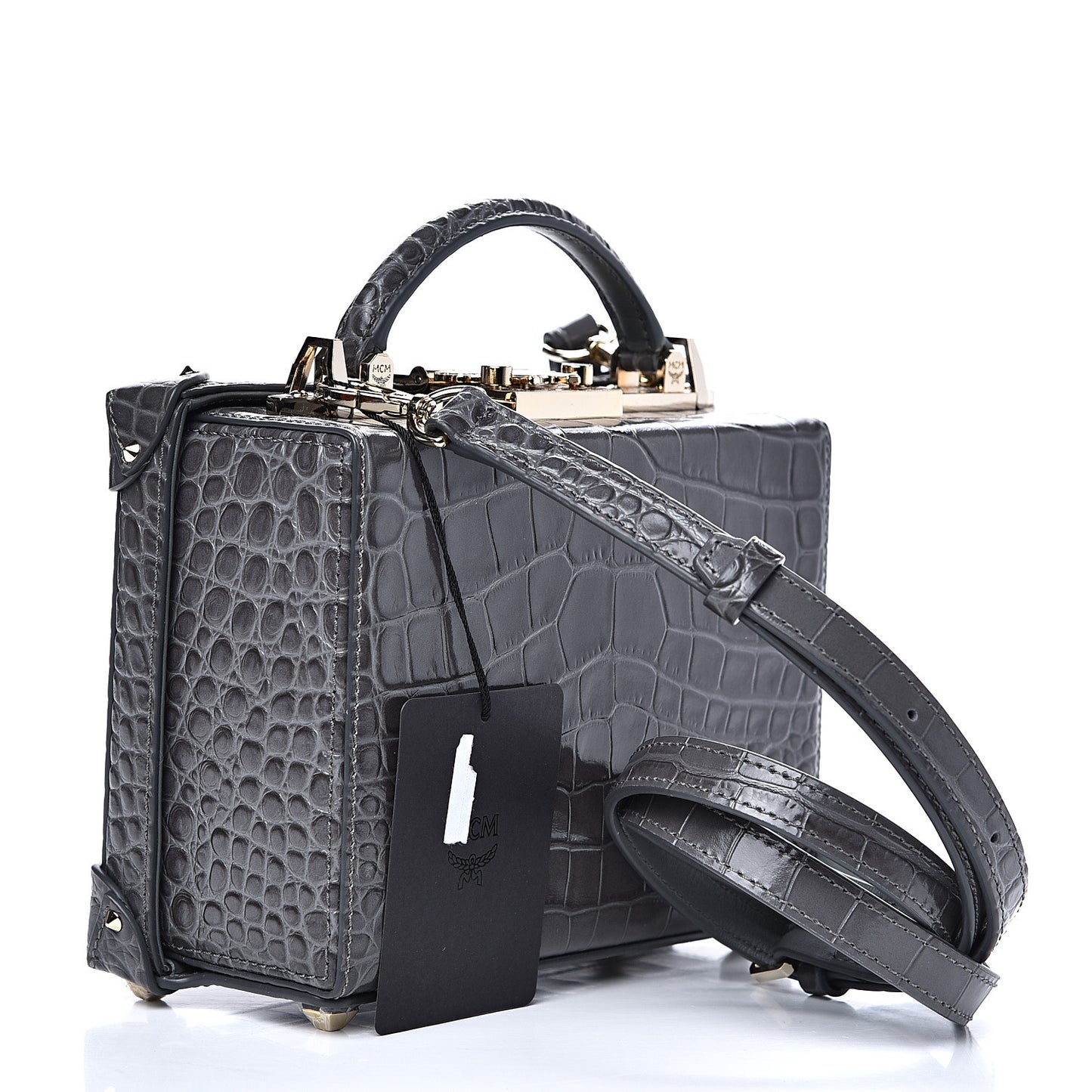 Calfskin Crocodile Embossed Small Berlin Crossbody Charcoal