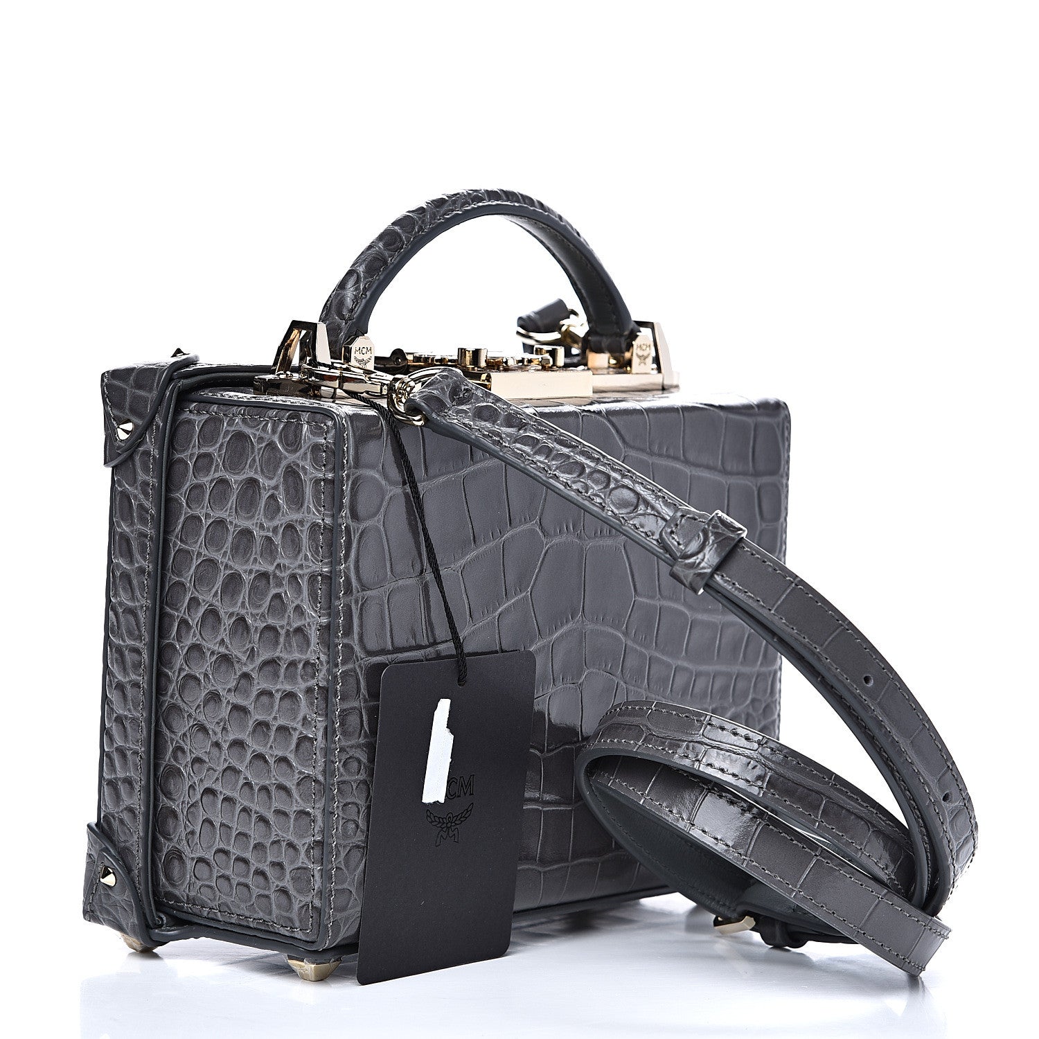 MCM Calfskin Crocodile Embossed Small Berlin Crossbody Charcoal 2 of 8