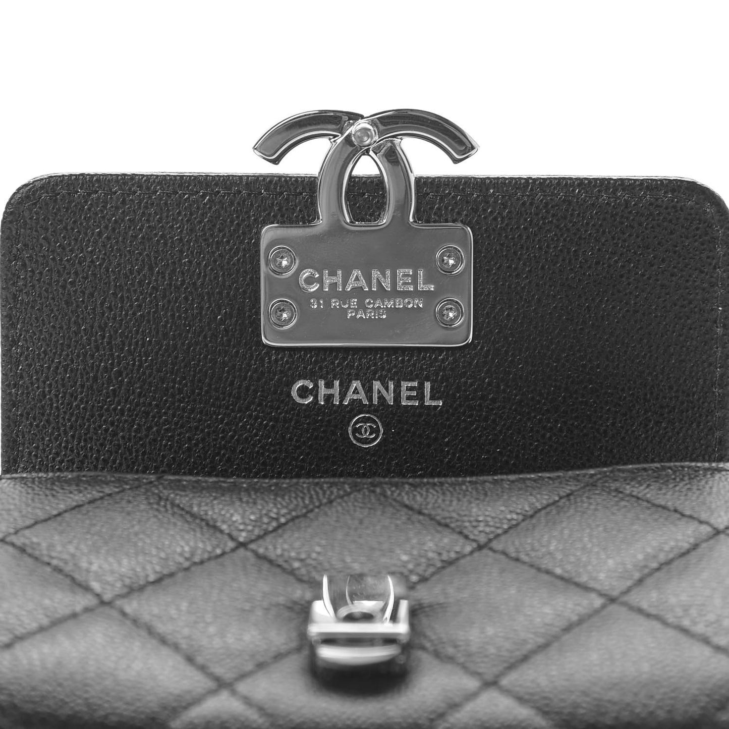 Grained Calfskin Quilted CC Box Compact Flap Wallet Black