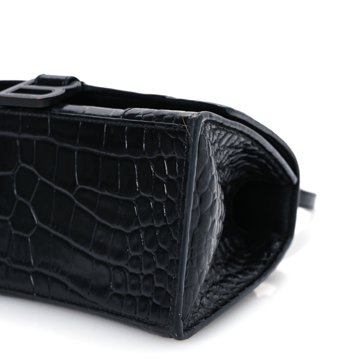 Shiny Calfskin Monochrome Crocodile Embossed Small Hourglass Top Handle Bag Black