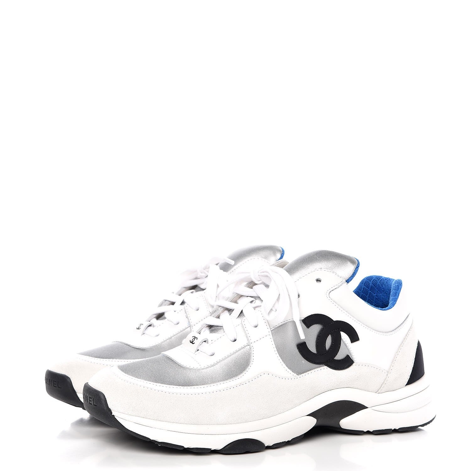 Chanel Calfskin Fabric Mens Sneakers 41 White Silver Fluo Blue 3 of 8