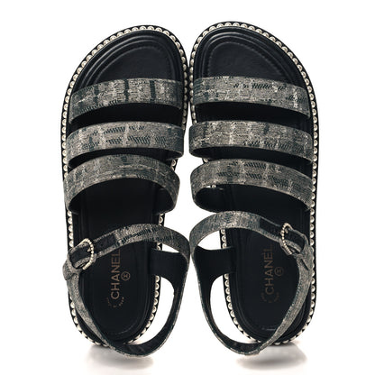 Chanel Tweed Grosgrain Pearl Platform Sandals 38 Black 2 of 9