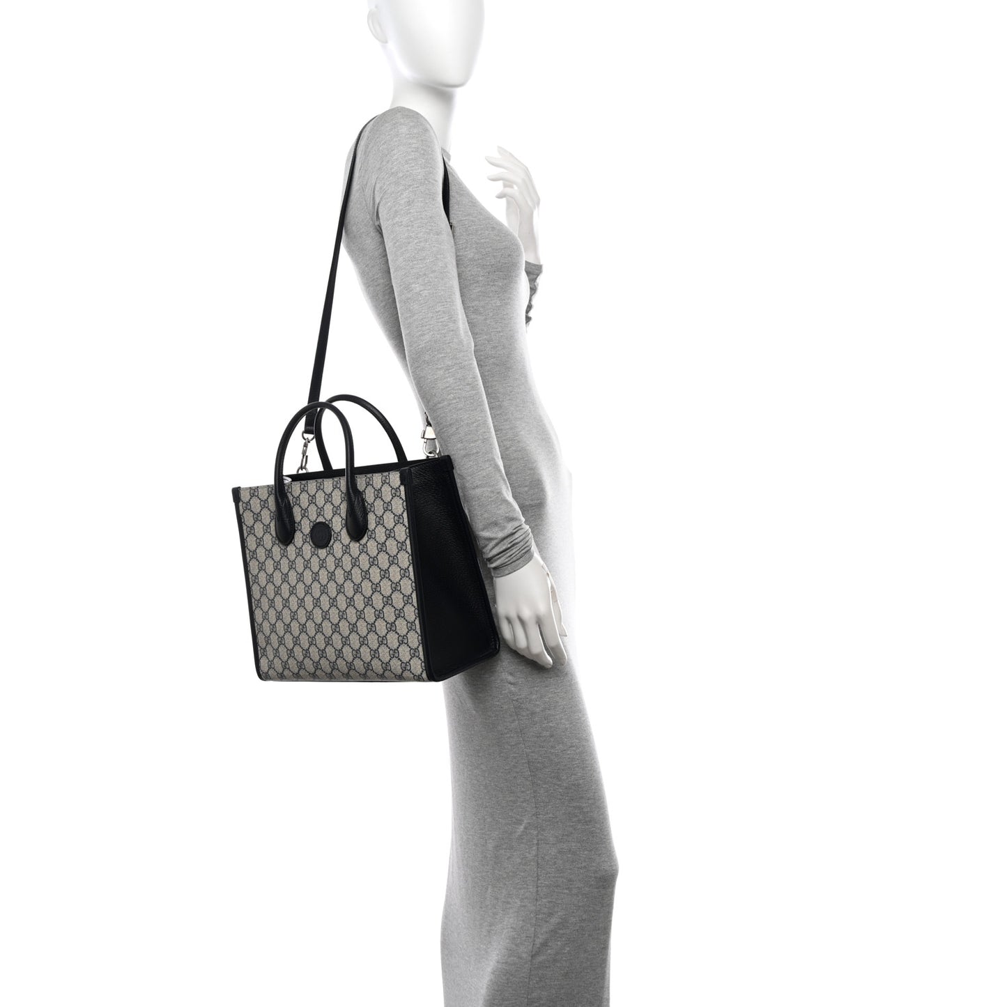 GG Supreme Monogram Textured Dollar Calfskin Small Retro Interlocking G Tote Bag Beige Blue