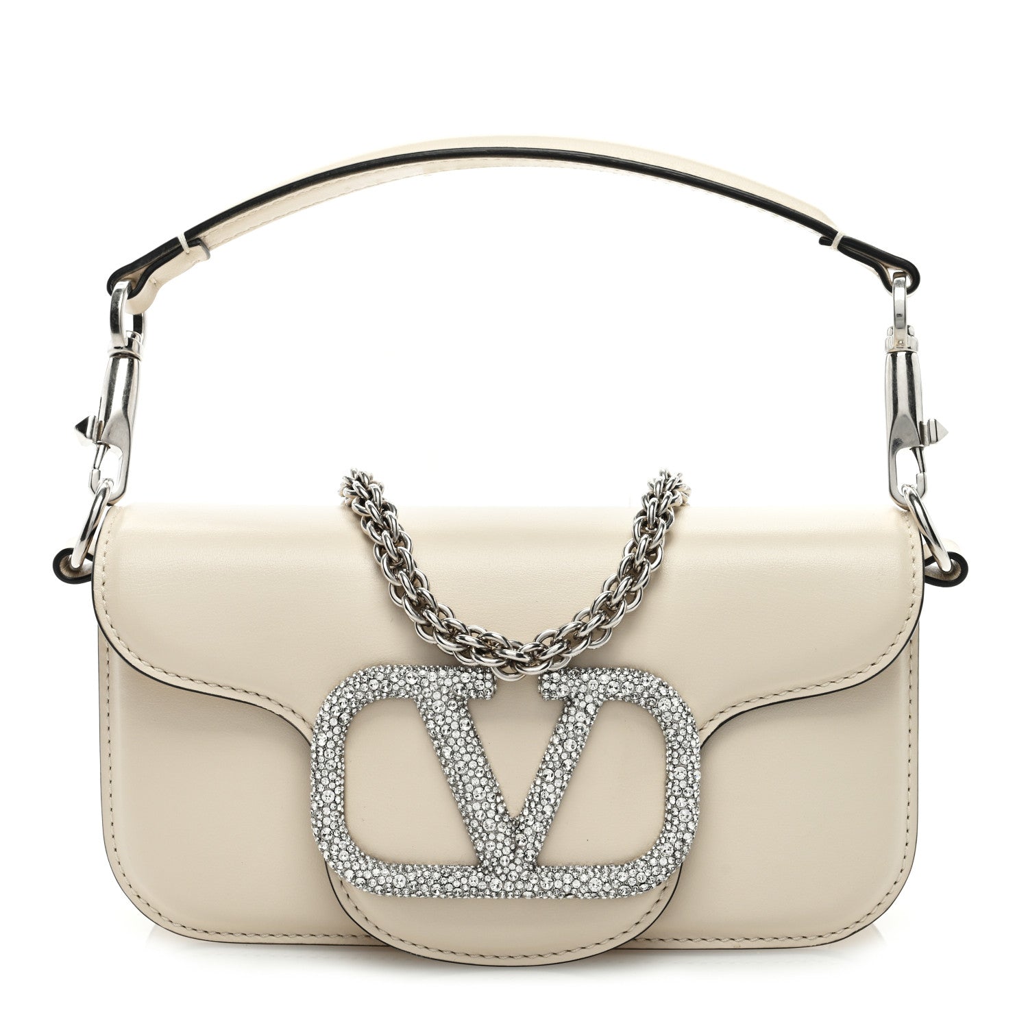 Valentino Garavani Calfskin Crystal Vlogo Small Loco Shoulder Bag Light Ivory 1 of 9