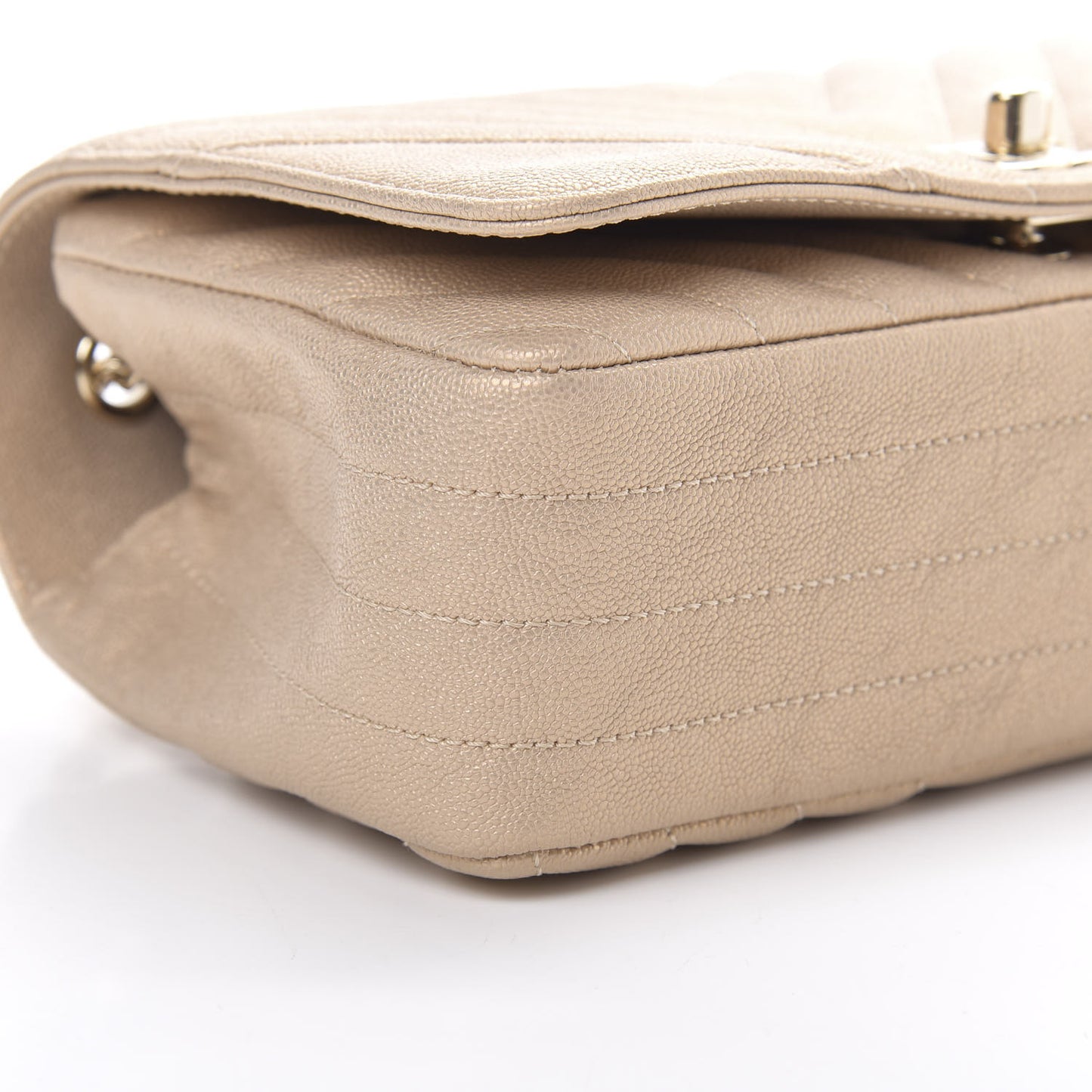 Metallic Caviar Chevron Quilted Medium Statement Flap Beige
