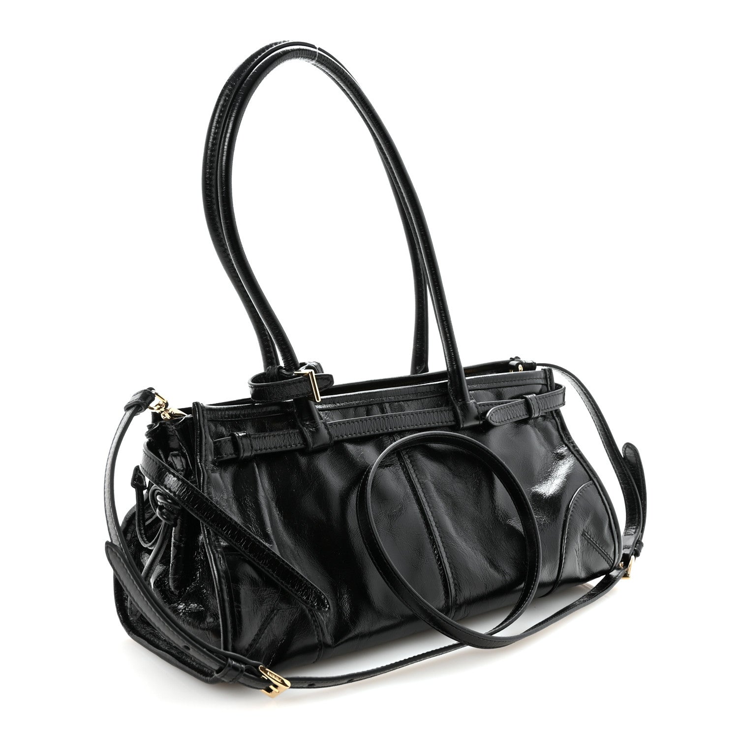 Prada Glossy Calfskin Triangle Medium Bonnie Shoulder Bag Black 3 of 9