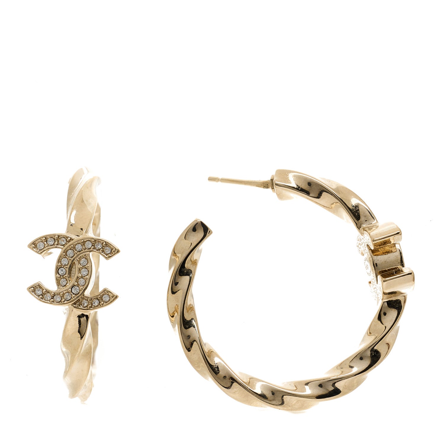 Chanel Metal Crystal Twist CC Hoop Earrings Gold 1 of 4