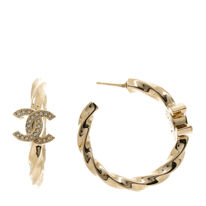 Chanel Metal Crystal Twist CC Hoop Earrings Gold 1 of 4