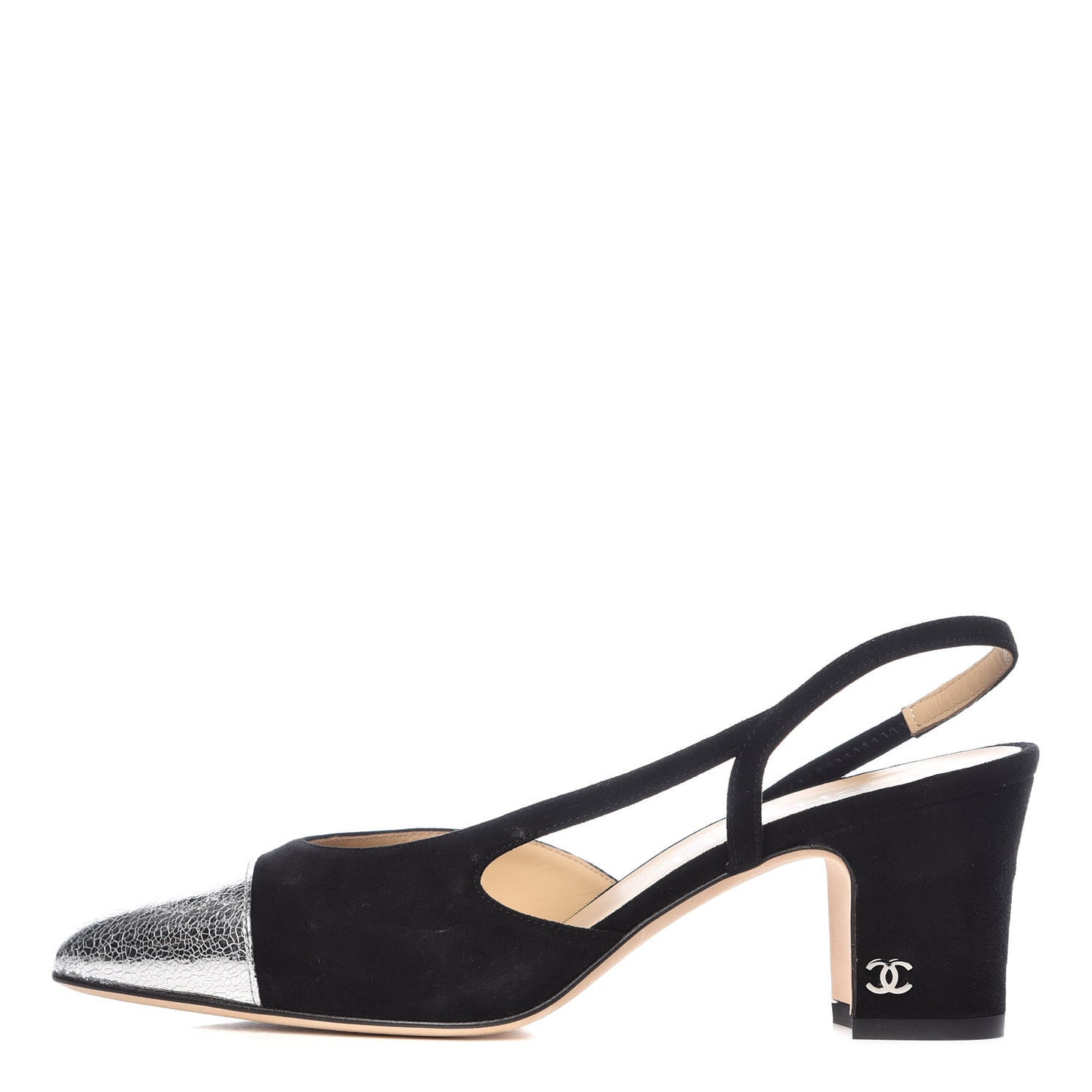 Kid Suede Metallic Lambskin Cap Toe CC Slingback Pumps 37 Black Silver