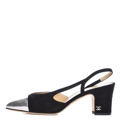 Chanel Kid Suede Metallic Lambskin Cap Toe CC Slingback Pumps 37 Black Silver 1 of 9