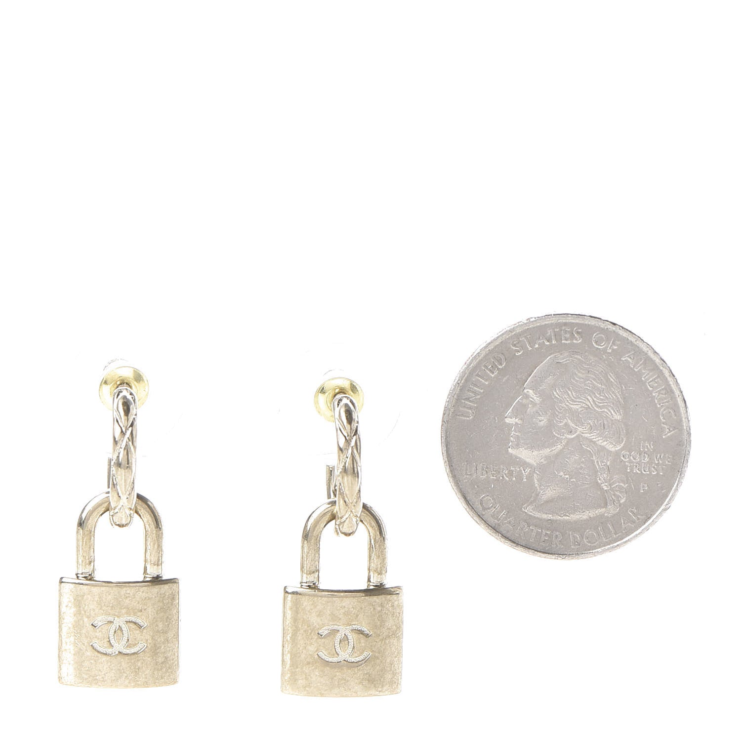 Chanel Metal Lock Drop Earrings Light Gold 2 of 5