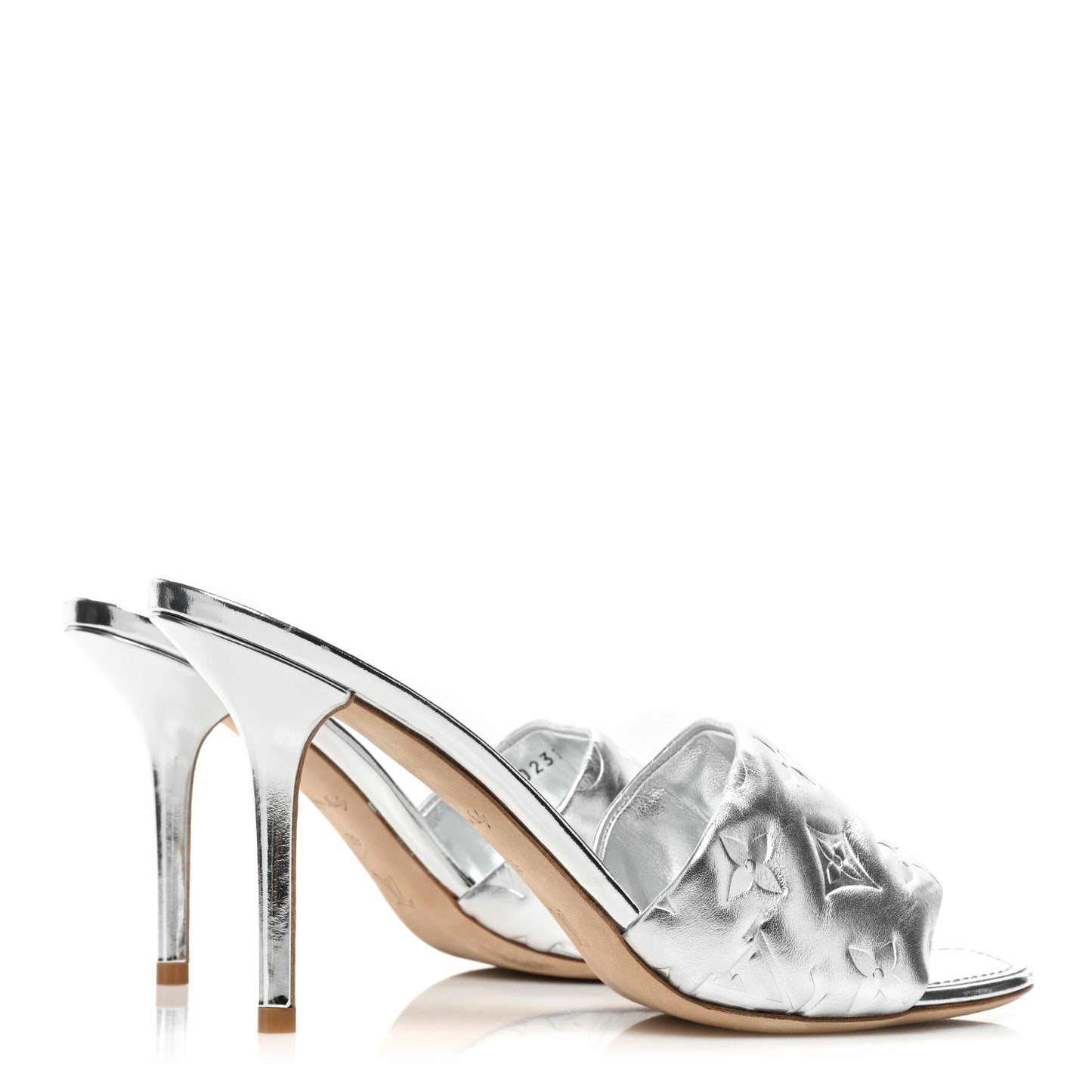 Metallic Lambskin Embossed Monogram Revival High Heel Mules 39 Silver