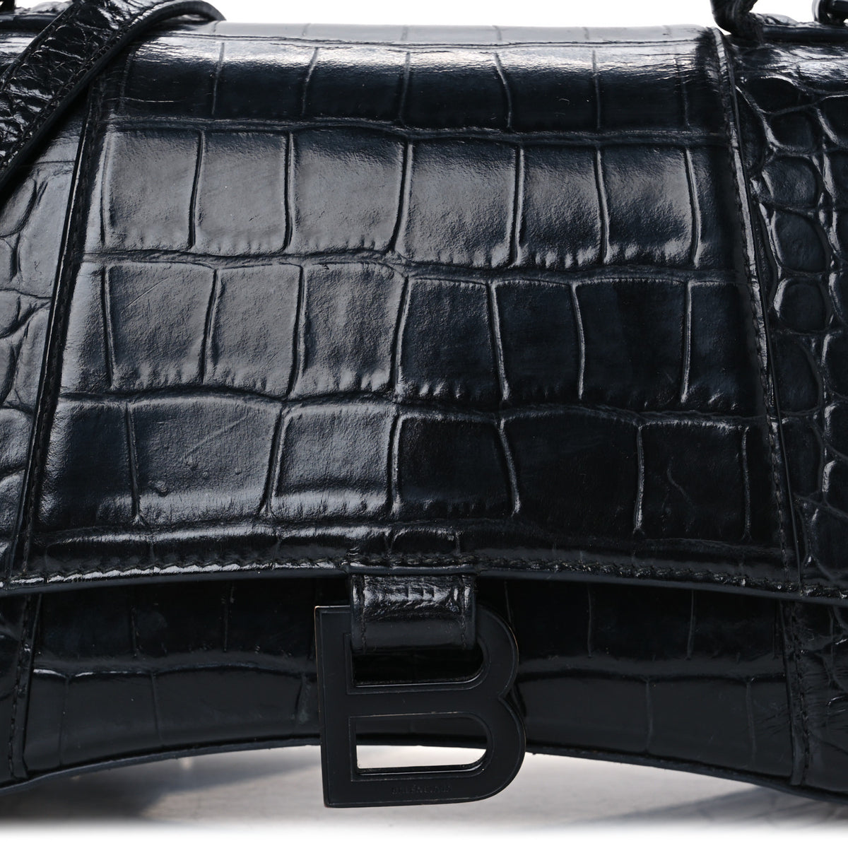 Balenciaga Shiny Calfskin Monochrome Crocodile Embossed Small Hourglass Top Handle Bag Black 9 of 14