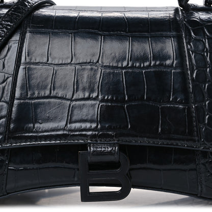 Balenciaga Shiny Calfskin Monochrome Crocodile Embossed Small Hourglass Top Handle Bag Black 9 of 14